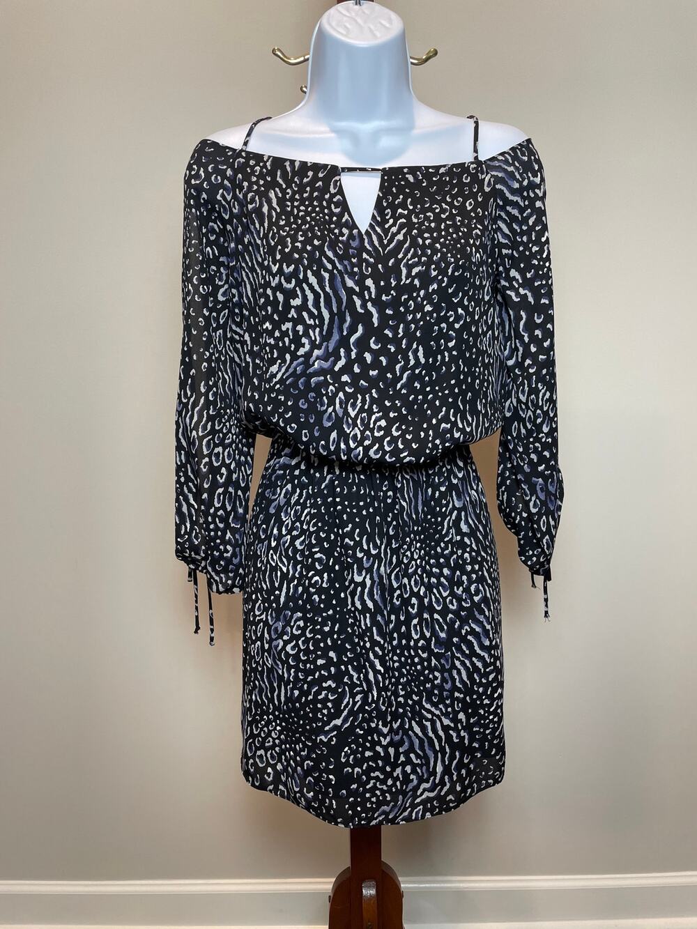 Three Eighty Two Black Animal Print Cold Shoulder Blouson Dress Size S